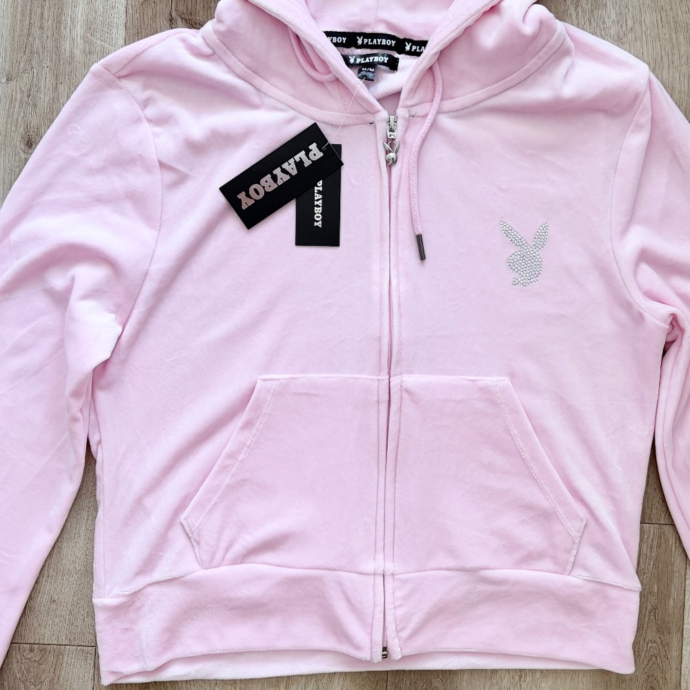 Playboy, Zip Up, Hoodie, Pink, Rhinestone, Velour, Loungewear, Size M, NEW - Picture 8 of 16